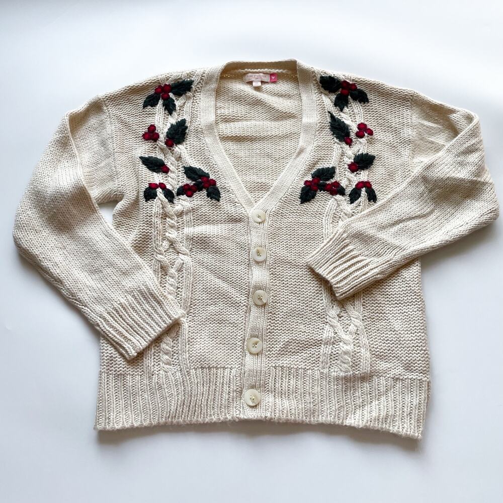 Girls Pink Chicken New York Beige Holiday Cardigan Embroidered Holly Leaves 12